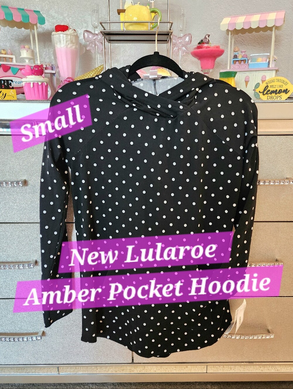 LuLaRoe Amber Hoodie Shirt Black Polka Dot New Small Medium Essential Halloween